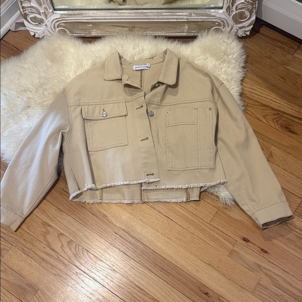 Petal & Pup Cropped Beige Jean Jacket with Frayed Hem
